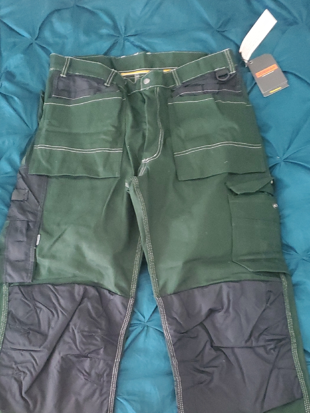 Men's Dark Green Cargo Work Pants with Black Reinforced Panels